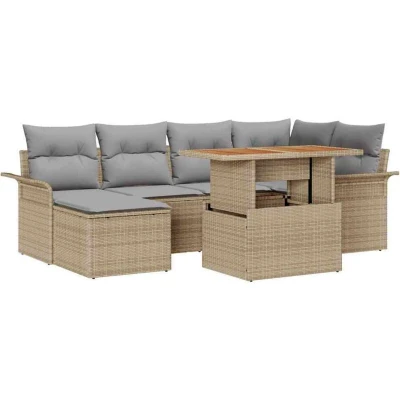 Image of vidaXL 7 Piece Garden Dining Set with Cushions Beige Poly Rattan Acacia