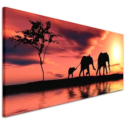 Image of Wallfillers Modern Orange Sunset African Elephants Canvas Wall Art Print 1102 118x49cm