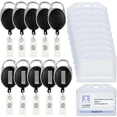 Image of Kurtzy 10 Pack Retractable ID Card Badge Holders Heavy Duty Plastic Waterproof Holder with Carabiner Horizontal Reel Clip for Keychains, Key Rings, Name Tags, Passes and Belts