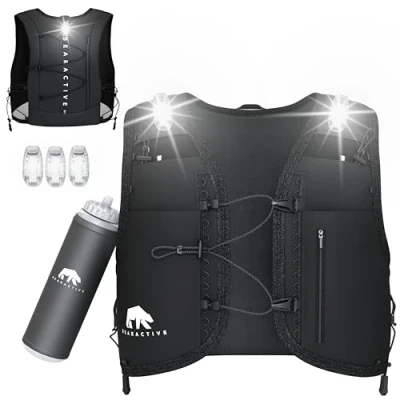 Image of Bearactive LED Running Vest with Lights, 500ml Water Bottle Lightweight Reflective Hydration Vest, 3 Adjustable Straps Women &amp; Men (Black Battery)