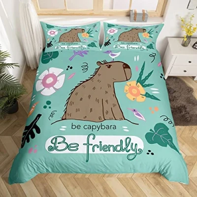 Image of Manfei Capybara Duvet Cover Set Single Size, South America Animal Bedding 2pcs for Kids Boys Room Decor, Tropical Flowers Leaves Birds Comforter Soft Polyester Quilt with 1 Pillowcase