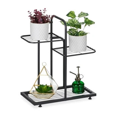 Image of Relaxdays Plant Stand, 3 Levels, for Flower &amp; Herb Pots, HxWxD: 50.5 x 44 22 cm, Steel, Indoor Decorative Rack, Black