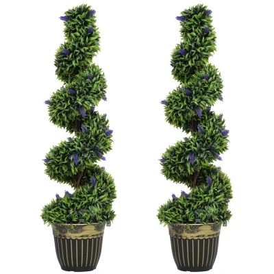 Image of HOMCOM Set of 2 Decorative Artificial Plants, Boxwood Spiral Topiary Tree with Lavender and Pot, Fake Plants for Home Indoor Outdoor Decor, 115cm