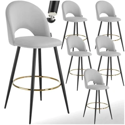 Image of tectake® Set of 6 Bar Stools with Soft Velvet Look Covers &amp; Curved Backrests, Padded Stool Flared Steel Legs Footrests, Ideal as Kitchen Island Dining Chairs Light Grey/Black