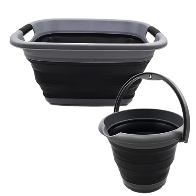 Image of SAMMART 2 pcs Set : 25L Collapsible Plasic Laundry Basket &amp; 5L Bucket (Laundry Basket+Bucket, Black+Black)