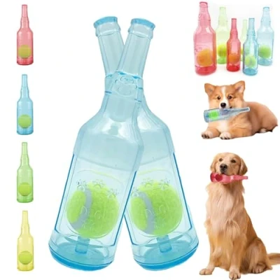 Image of Crunch Play bottle toy, Crunchnplay Toy for Dogs, 9.7&quot;/7.7&quot; Rubber water Dog Interesting Squeaky Toys, Outdoor Interactive Chew with Tennis Ball (2*Blue,Large)