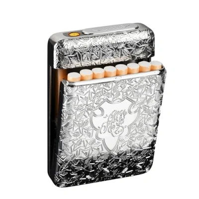 Image of Cigarette Case with USB Lighter 16 pcs 84mm Regular/King Size Cigarettes Electric Rechargeable Flameless Windproof Lighters (Silver)