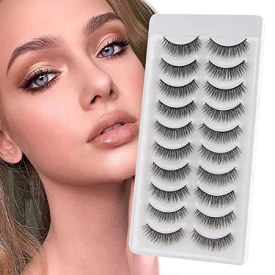Image of Glowingwin False Eyelashes Natural Faux Mink Lashes Fluffy Dramatic Cat Eyes Wispy 10pairs Pack Light Volume 6D Short Fake Strip