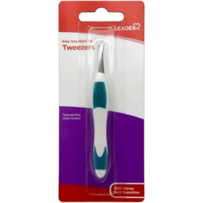 Image of LEADER Tweezers Slant Tip Precision, Easy Grip, Non Slip Rubber, Stainless Steel, Great Precision for Eyebrows, Facial Hair, Splinter and Ingrown Hair Removal