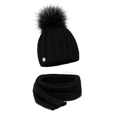 Image of ELIMELI® Cashmere Hat Women&#039;s Winter Warm Knitted Wool with Faux Fur Bobble Slouch Beanie Women for Made in EU, Black set scarf, One Size Fits All