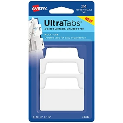 Image of Avery Multiuse Ultra Tabs, 2&quot; x 1.5&quot;, 2 Side Writable, White, 24 Repositionable Tabs (74787)