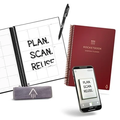 Image of Rocketbook Smart Reusable Everyday Planner. Week, Month, Annual, To Do List, Goal Templates. Journal and Notebook Pages. Undated Organizer, 6&quot; x 8.8&quot; Executive Size with Pen Cloth, Maroon