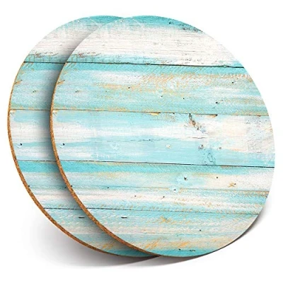 Image of 2 x Round Coasters Blue Distressed Wood Seaside Surf Cork Backed Home Kitchen Accessory Tea Coffee Mug Mat #15868