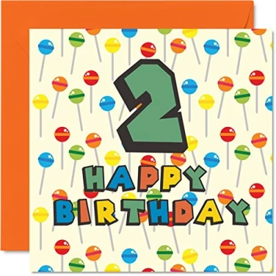 Image of 2nd Birthday Card Unisex Lollipop Sweets Candy Happy 2 Year Old Son Daughter Brother Sister Grandson Granddaughter Niece Nephew Cousin, 145mm x Second Bday Greeting