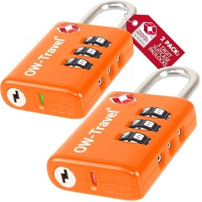 Image of TSA Approved Luggage Locks Suitcase with Open Alert (2 Pack) OW Travel 3 Digit Security Padlock, Combination Padlocks, Code Lock for Zipper, Luggage, Bag, Case, Backpack, Gym Locker (Orange)