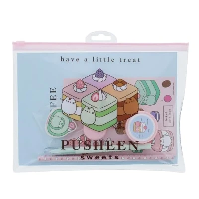 Image of Blueprint Collections Pusheen Sweets Stationery Set, A5 Exercise Book with Pen, Pencil, Highlighter, Eraser, Sharpener and Stickers, in Zip Lock Wallet