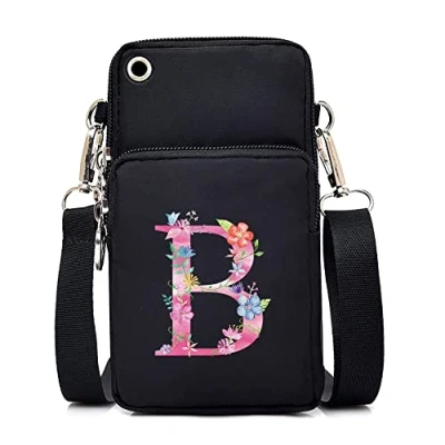 Image of FINDING CASE initial letter Printed Women Girls men Zipper Waterproof Nylon 3 Layers Crossbody Bags Wallet Cellphone Purse Shoulder Bag Wristlet Handbags Adjustable Strap (pink B)