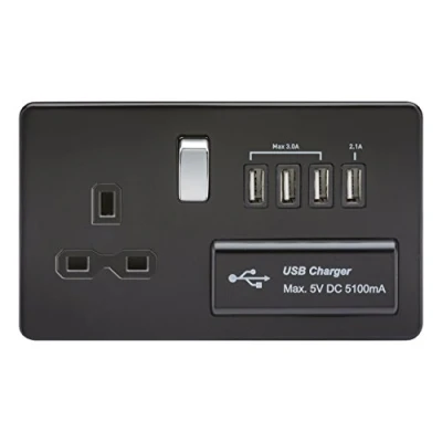 Image of KnightsBridge 13A 2G Screwless 1G Matt Black Switched Socket with Quad 5V USB Charger Ports Insert