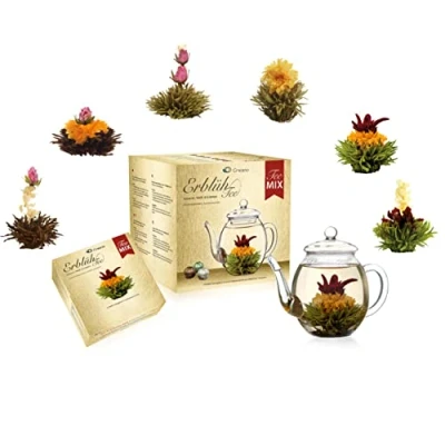 Image of Creano Blooming Tea Gift Set Flowering Giftset with 500 ml Glass Pot and 6 Flowers Black, White &amp; Green
