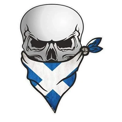 Image of CT Design Gothic Biker Pirate SKULL with Face BANDANA and Scotland Scottish Saltire Flag Motif Vinyl Car Bike Sticker Decal 110x85mm