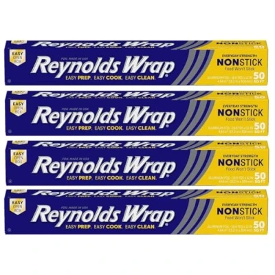 Image of The Non Stick Kitchen Foil Everyday Strength Easy Prep Cook Clean Suitable for Cooking Baking Roasting Turkey Freezing Wrapping and Storage 304mm x 15.2m Pack of 4