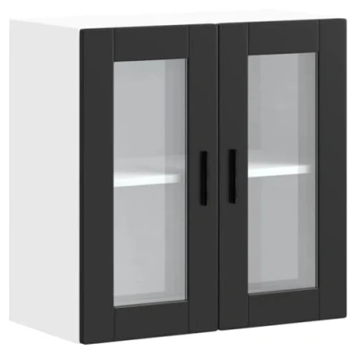 Image of vidaXL Porto Kitchen Wall Cabinet with Glass Doors Black, Modern Engineered Wood, 80x31x60 cm, Mounted Storage