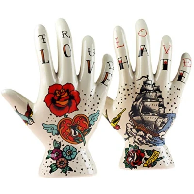 Image of Temerity Jones Set Of 2 Palmistry Tattoo Hand Decorative Ornaments Love Hate Design
