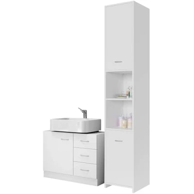 Image of CASARIA Bathroom Furniture Set Tall Freestanding Cabinet and Under Sink with 3 Drawers White Magnetic Doors Wooden Supplementary Storage