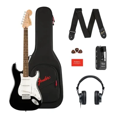 Image of Squier by Fender Affinity Series™ Stratocaster® Electric Guitar &amp; Mustang™ Micro Pack in Black. Includes Gig Bag, Strap, Headphones, Picks a Free 3 Month Subscription to Play