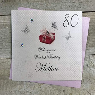 Image of white cotton cards 80 Wishing you a Wonderful Mother Handmade 80th Birthday Card, White, bdp80 M
