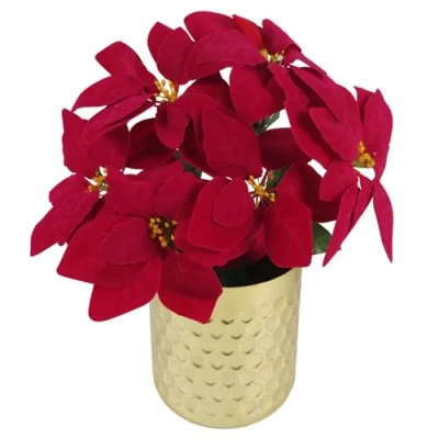 Image of Leaf Artificial Christmas Xmas Red Poinsettia 40cm Houseplant in Pot, Silk, Gold Honeycomb