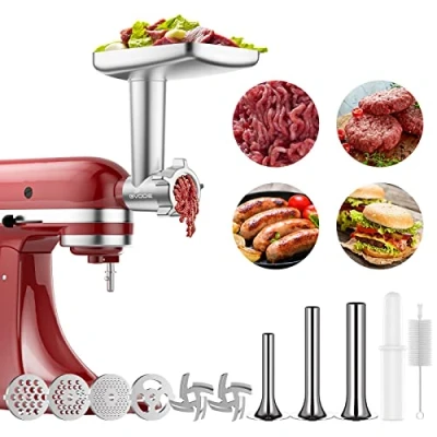 Image of Meat Grinder Gttachment for KitchenAid Stand Mixer Includes 3 Sausage Filling Horns 2 Grinding Blades 4 Disk and Cleaning Brush Accessories by GVODE
