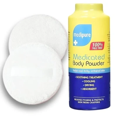 Image of Medipure Medicated Body Powder Helps Cool Itchy, Irritated Skin 100% Talc Free (200g), Including 2X Puffs