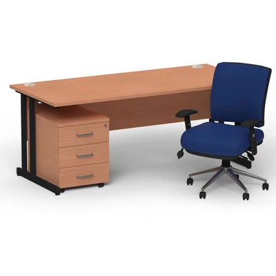 Image of Impulse 1800 Black Cant Desk Beech + 3 Dr Mobile Ped &amp; Chiro Blue