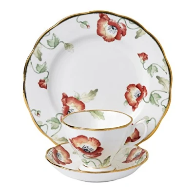 Image of Royal Albert 112 100 Years 40017570 1970 Poppy Teacup, Saucer, 20cm Plate, 3 Pc Set, Bone China
