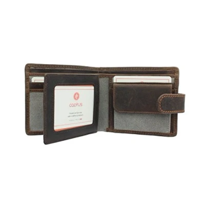 Image of CACTUS Bi Fold Canvas Wallet with Leather Trim and RFID Protection 183_81 Grey