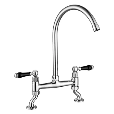 Image of Traditional Kitchen Sink Bridge Mixer Tap Dual Black Handle 2 Hole Deck Mount Monobloc Swivel Spout Chrome