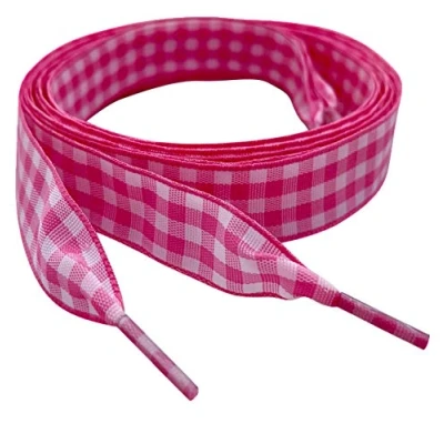 Image of My Ribbon laces 120cm Pink Gingham checkered Patterened Shoelaces Flat Shoe For Trainers, Boots &amp; Shoes