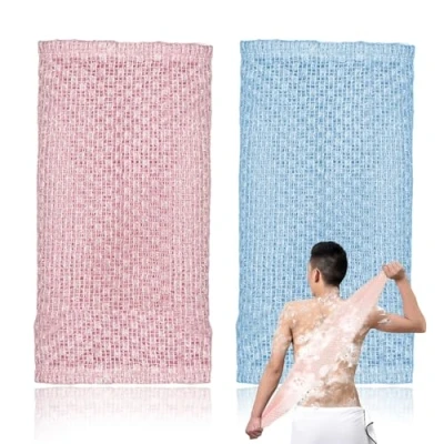 Image of 2 Pcs Japanese Back Scrubber Set, Exfoliating Shower Towel, Extra Long Washcloth for Men Women, Scrub Cloth Body Cleaning and Massage (Blue Pink)