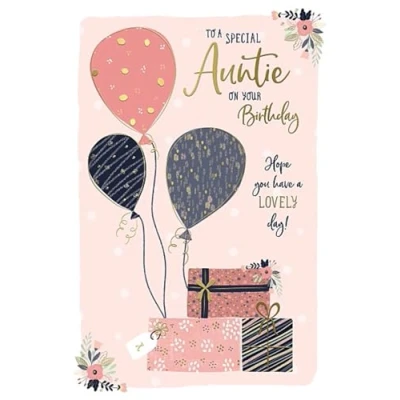 Image of Carte Blanche Female Birthday Card General for Women/Girls Balloons &amp; Stack of Presents with Flowers, Embossed Foil Details Eco Friendly