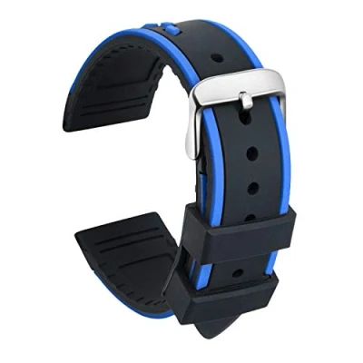 Image of ULLCHRO Silicone Watch Strap Replacement Rubber Band Waterproof Bicolor Men Women 20, 22, 24mm Bracelet with Brushed Stainless Steel Buckle Silver (20mm, Black &amp; Blue)