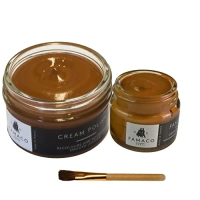 Image of Famaco Tan 50ml Renovating Polish and 15ml Scuff Scratch Dye with Polishing Cloth Free Touch up Brush Long Lasting Shine Protector Kit for Boots Shoes
