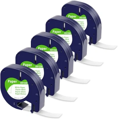 Image of Compatible Label Tapes Replacement for Dymo Letratag Paper White Tape 12mm x 4m 91200 S0721520 Band Work Letra Tag LT 100H 100T 110T QX50 XR XM 2000, Black on White, 5 Pack