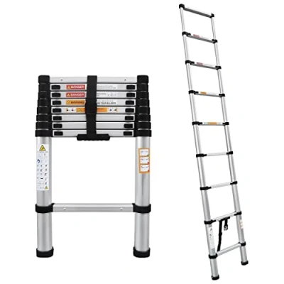 Image of 8.5Ft 2.6M Extendable Alminium Ladder Telescopic Folding Extending Portable 9 Steps Loft Extension DIY Multi Purpose, 330lbs Load Capacity, EN131 Certified