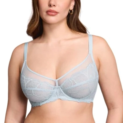 Image of DOBREVA Women&#039;s Lace Full Coverage Minimiser Bra Unlined Underwire See Through Plus Size Arctic Blue 36B
