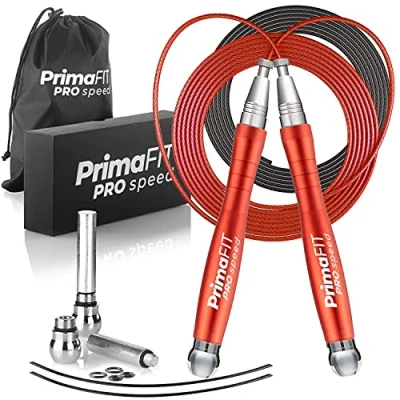 Image of PrimaFIT Pro Speed Skipping Rope Adult Fitness for Men Women Weighted Jump 3m Adjustable Self Locking Aluminium Boxing Gym MMA Crossfit Workout Fat Loss Spare Cable, Weights, Protectors Carry Bag