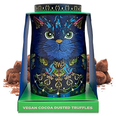 Image of Monty Bojangles Midnight Prince Vegan Cocoa Dusted Truffles Cat Tin (135g) Nib Night Flavoured Luxury Dark Chocolatey Collectable Chocolate Gift With Bespoke Design