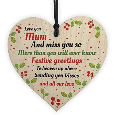 Image of RED OCEAN Handmade Mum Memorial Christmas Tree Decoration Wooden Heart Plaque