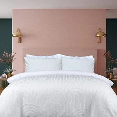Image of Sleepdown Geometric Textured Tufted Arch White Duvet Cover Quilt Pillow Cases Bedding Set Soft Easy Care Double (200cm x 200cm), 5.05624E+12