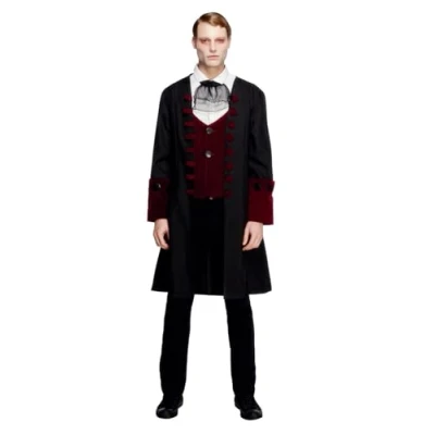 Image of Smiffys Male Fever Gothic Vamp Costume, Black with Coat, Mock Waistcoat and Cravat, Fancy Dress, Vampire Dress Up Costumes